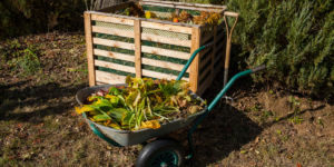 Backyard compost bin showing different compost layers