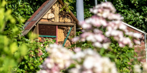 Bee hotel in a garden attracting bees for nesting