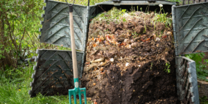 Layered compost pile with green and brown materials